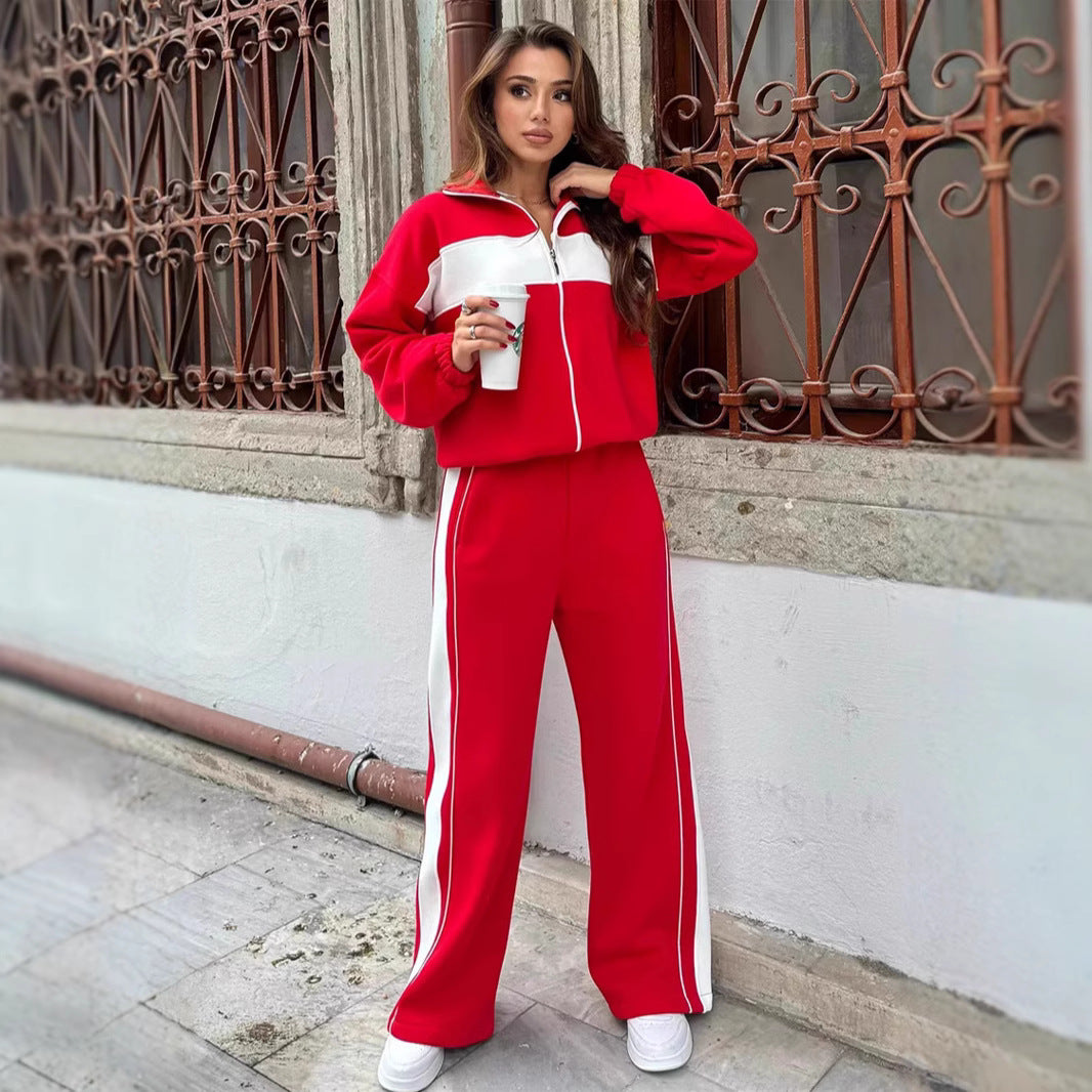 Damen Komfortables Campus-Lounge-Set mit kurzem Reißverschluss-Top und Seitenstreifen-Jogger EB