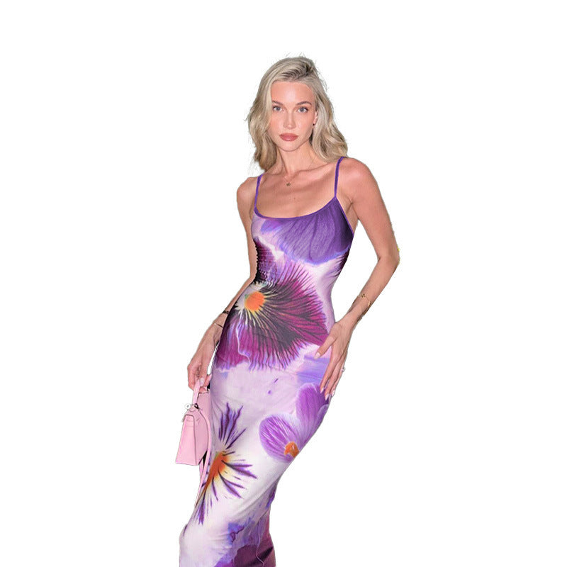 Damen trendiges Maxi-Kleid mit floralem Muster und schmalen Spaghettiträgern EB