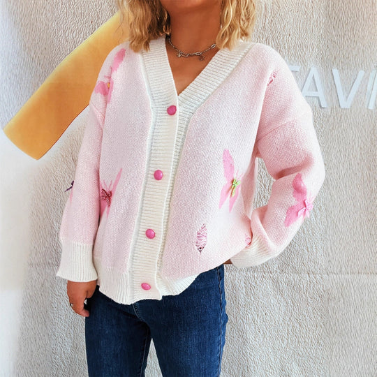 Damen Strickjacke mit verspieltem Schmetterlingsdesign und Knopfverschluss EB