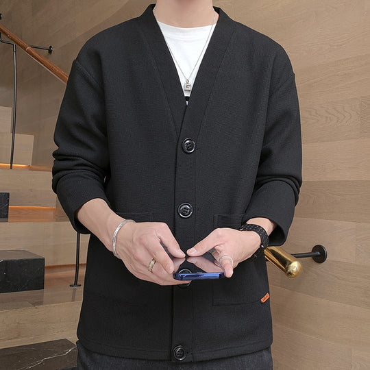 Herren Strukturierter Waffelstrick-Kurzcardigan mit aufgesetzten Taschen EB