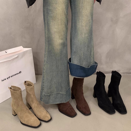 Damen Elegante Ankle Boots mit Hochwertigem Veloursleder und Robuster Blockabsatz EB