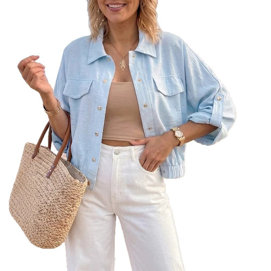 Damen Leichte Chambray-Boxy-Jacke mit Gummibund, Druckknöpfen und aufgesetzten Brusttaschen EB