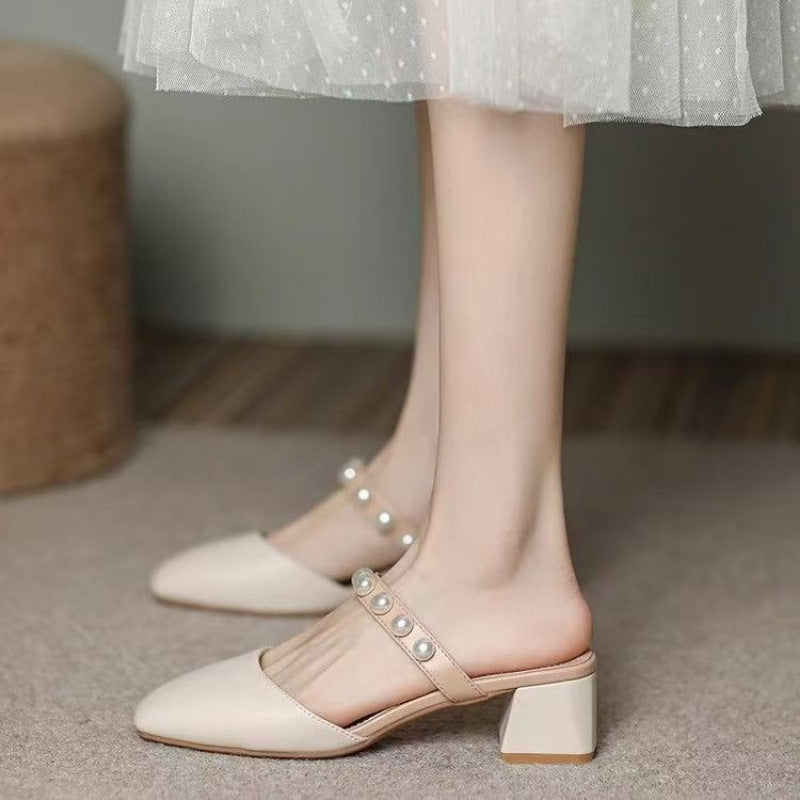 Damen Geschlossene Sandalen mit elegantem Blockabsatz und Perlenapplikationen EB