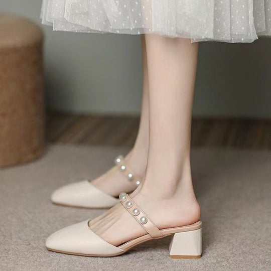 Damen Geschlossene Sandalen mit elegantem Blockabsatz und Perlenapplikationen EB