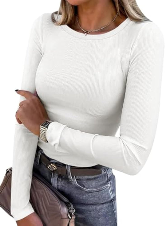 Damen Schmalgeschnittenes Ripp-Longsleeve mit Rundhalsausschnitt und Stretch-Baumwollmix EB