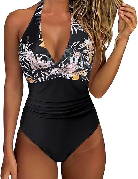 Damen Hochtaillierter Badeanzug mit tiefem V-Ausschnitt und floralem Design EB