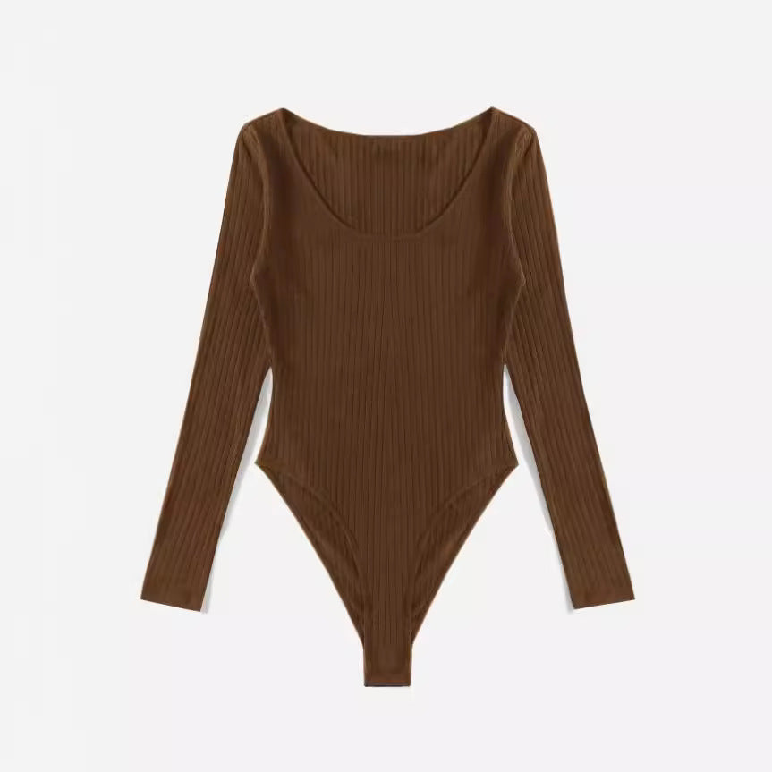 Damen Langarm Bodysuit mit Rippstruktur und tiefem U-Bootausschnitt EB