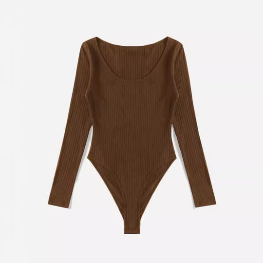 Damen Langarm Bodysuit mit Rippstruktur und tiefem U-Bootausschnitt EB
