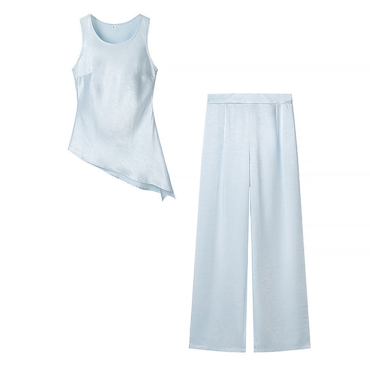 Damen Set bestehend aus elegantem Oberteil mit asymmetrischem Saum und weit geschnittener Hose EB