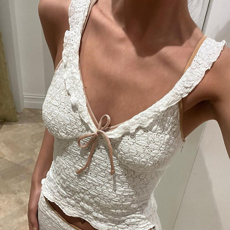 Damen elegantes Spitzentop mit verspielten Rüschendetails und Raffungen EB