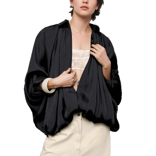 Damen leichte Satinjacke mit tiefem V-Ausschnitt und elastischen Bündchen EB