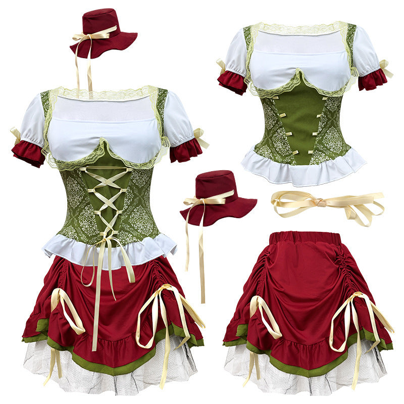Damen nan kurzes Dirndl Trachtenkleid mit Schnürcorsage, Spitzenkragen und gerafftem Rock EB