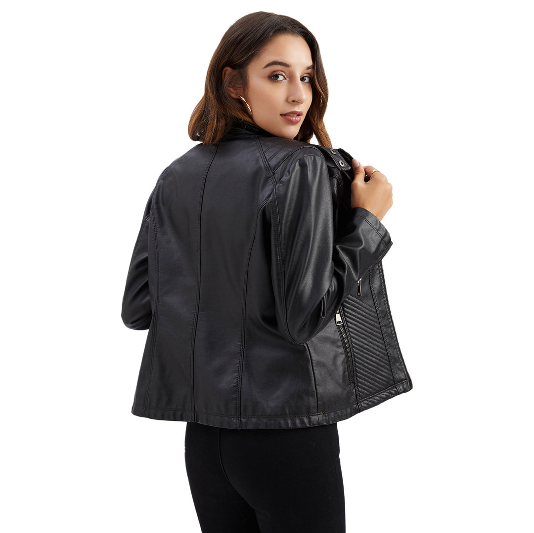 Damen nan taillierte Biker-Kunstlederjacke mit Stehkragen und gesteppter Seitenpartie EB