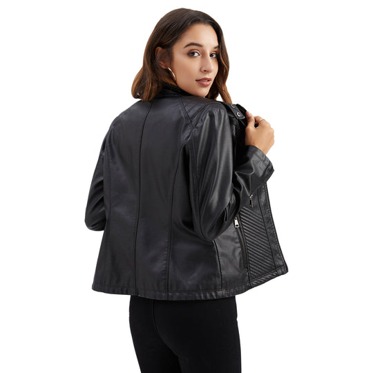 Damen nan taillierte Biker-Kunstlederjacke mit Stehkragen und gesteppter Seitenpartie EB