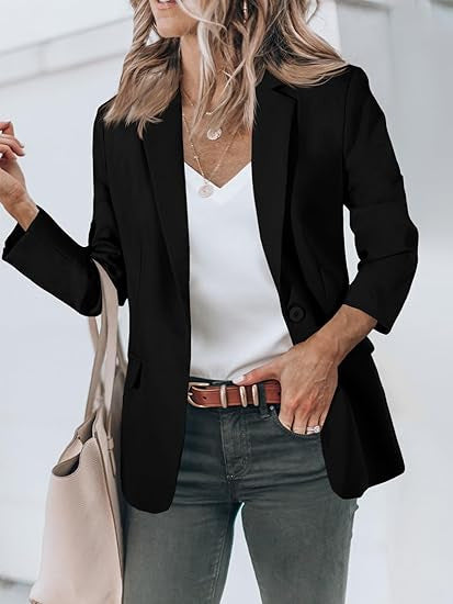 Damen Leichter Stretch-Blazer mit Schalkragen, Ein-Knopf-Verschluss und dreiviertelärmeln EB