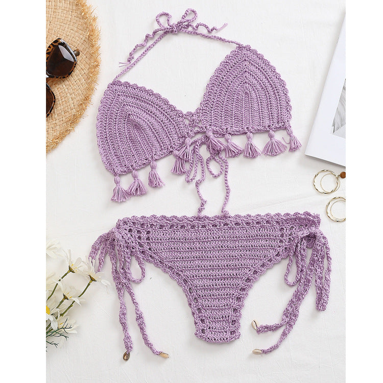 Damen Häkel-Bikini-Set mit fransigen Akzenten und verstellbaren Trägern EB