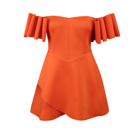 Damen Off-Shoulder Kleid mit Volantärmeln und asymmetrischem Saum EB