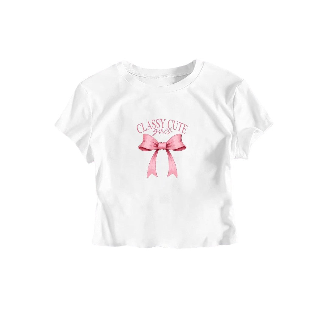 Damen Crop-T-Shirt mit raffiniertem Schleifenaufdruck EB