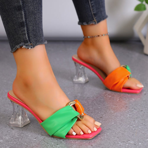Damen Elegante Mules mit modischer Schleifen-Applikation und transparentem Blockabsatz EB