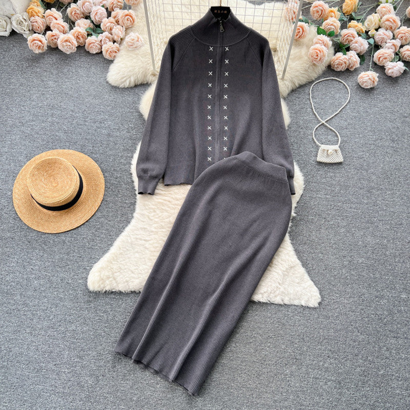 Damen eleganter Strickanzug mit Reißverschluss EB