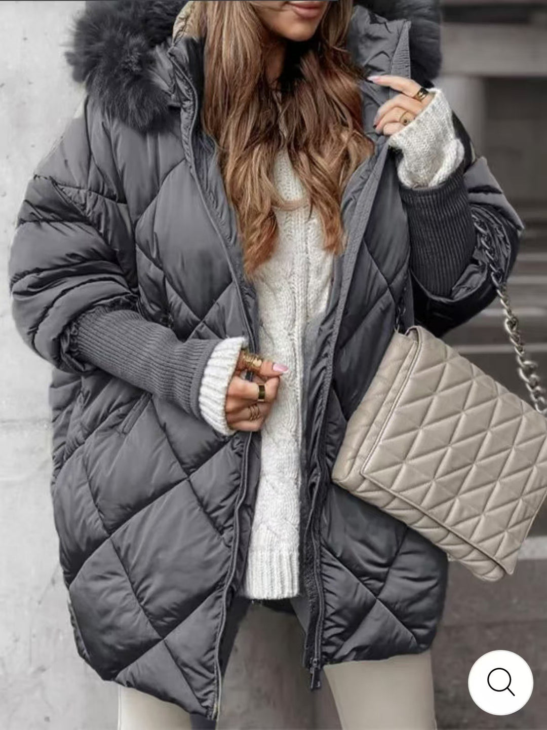 Damen nan weit geschnittener gesteppter Winterparka mit Kapuze Kunstpelzbesatz und Rippbündchen EB