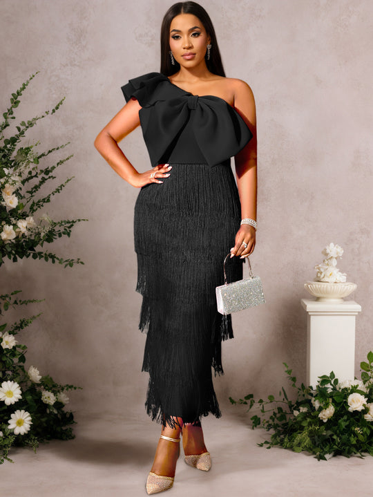 Damen elegantes Kleid mit voluminösem Rüschenelement und Fransen EB