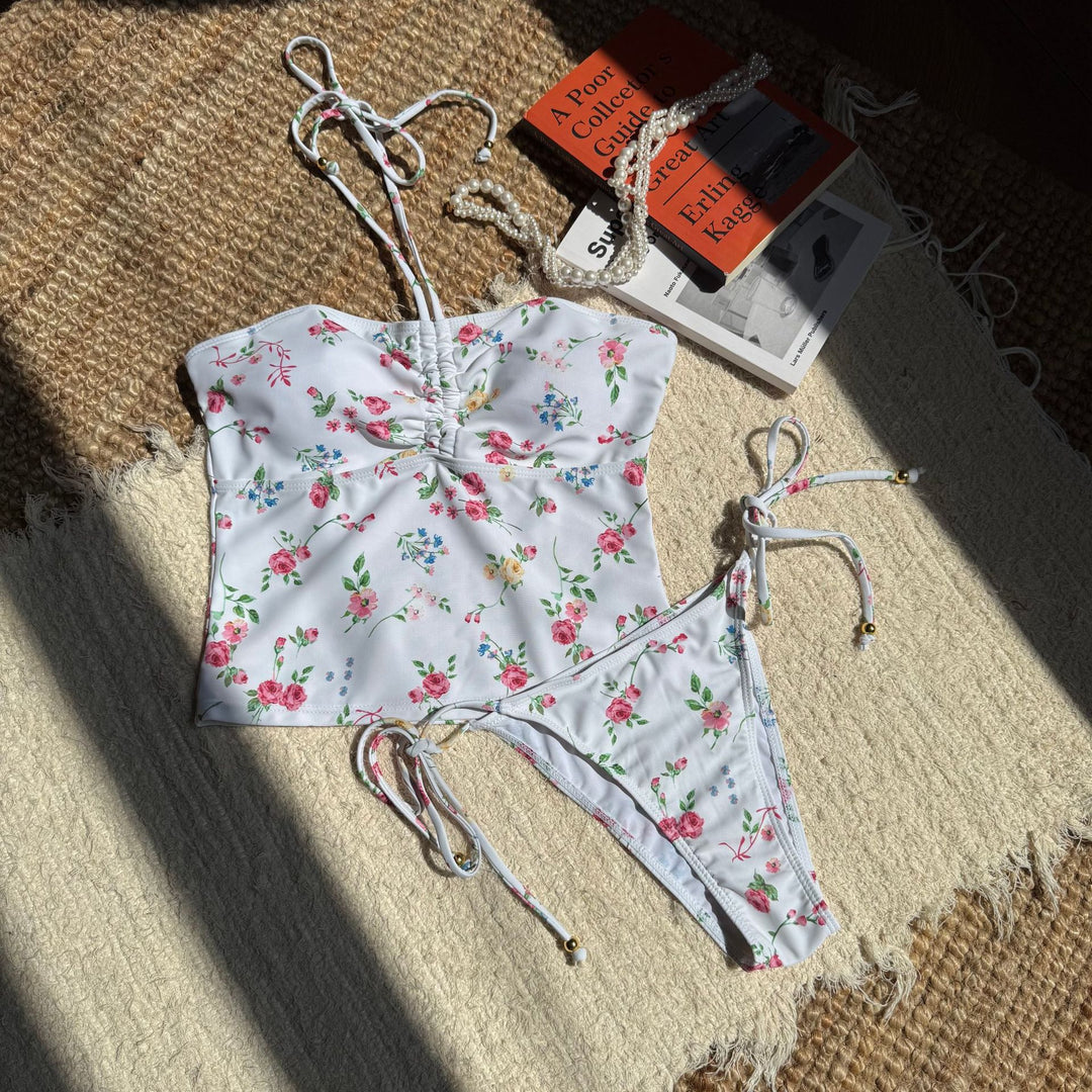 Damen Floral gestaltetes Bikini-Set mit raffinierten Bindebändern EB