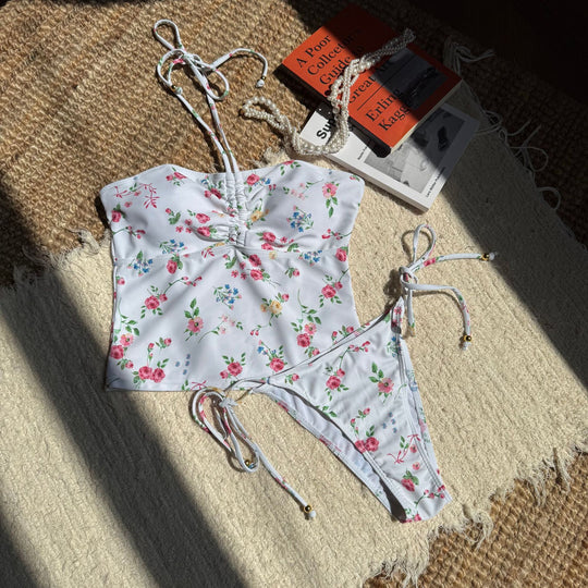 Damen Floral gestaltetes Bikini-Set mit raffinierten Bindebändern EB