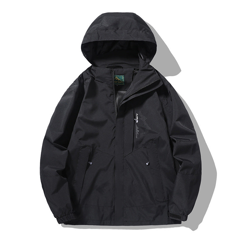 Herren wind- und wasserabweisende Outdoor-Hoodiejacke mit Belüftungsnetz, verstellbarer Kapuze und verdeckter Frontblende EB