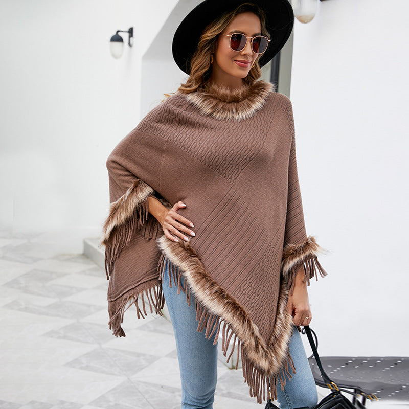 Damen eleganter Poncho mit luxuriösem Kunstfellkragen und dekadenten Fransen EB