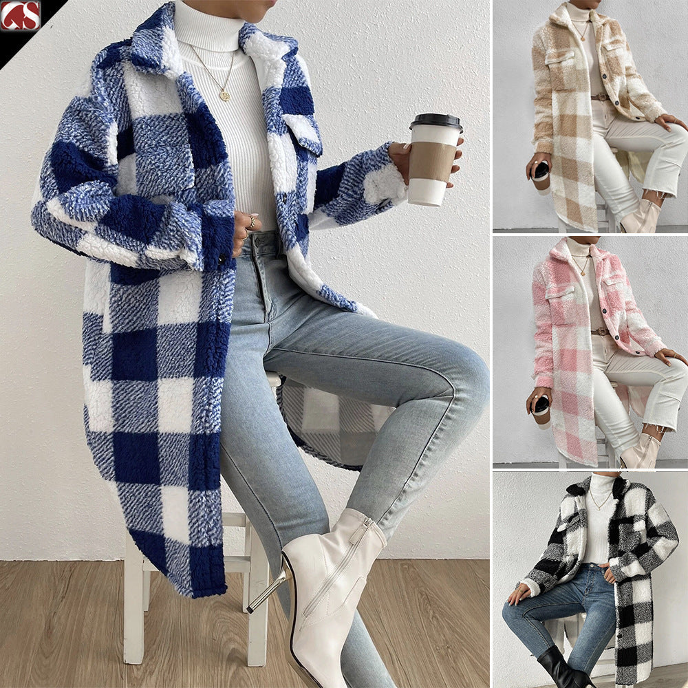 Damen nan langer Teddy-Karo-Mantel mit Hemdkragen, aufgesetzten Brusttaschen und Knopfleiste EB