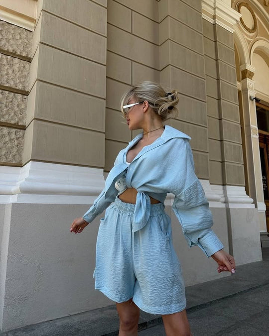 Damen Zweiteiliges texturiertes Loungewear‑Set mit Oversized‑Hemd und elastischer Taillen‑Shorts EB