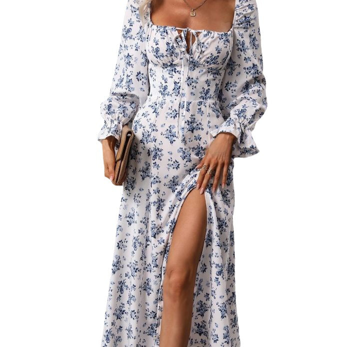 Damen Maxikleid mit seitlichem Schlitz und Puffärmeln EB