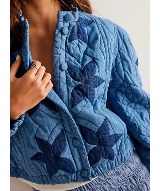 Damen gesteppte Bomberjacke mit floralem Design und elastischen Bündchen EB
