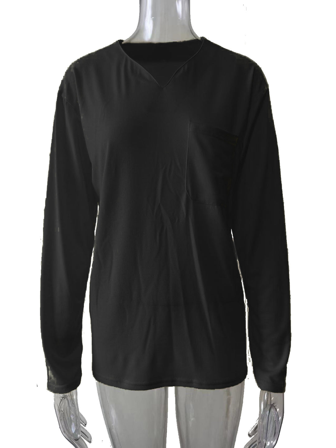 Damen nan legeres Langarmshirt mit V-Notch-Ausschnitt, Brusttasche und lockerer Oversize-Passform EB