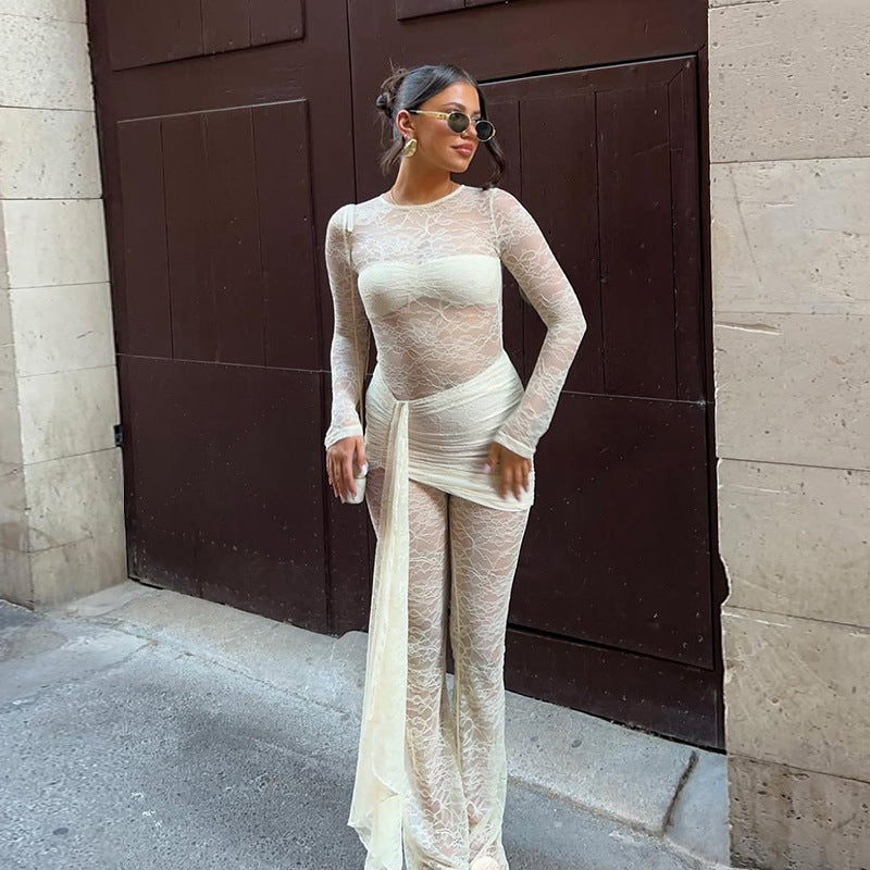 Damen Eleganter Overall aus Spitze mit langen Ärmeln EB