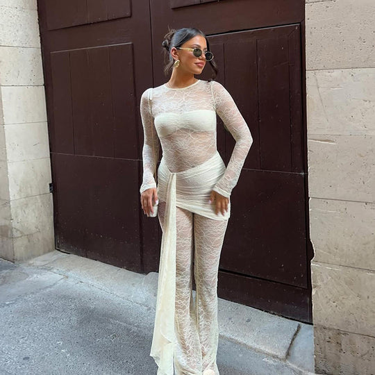 Damen Eleganter Overall aus Spitze mit langen Ärmeln EB