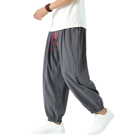 Herren nan locker geschnittene Leinen-Baumwoll Hose mit Kordelzug und elastischen Bündchen EB