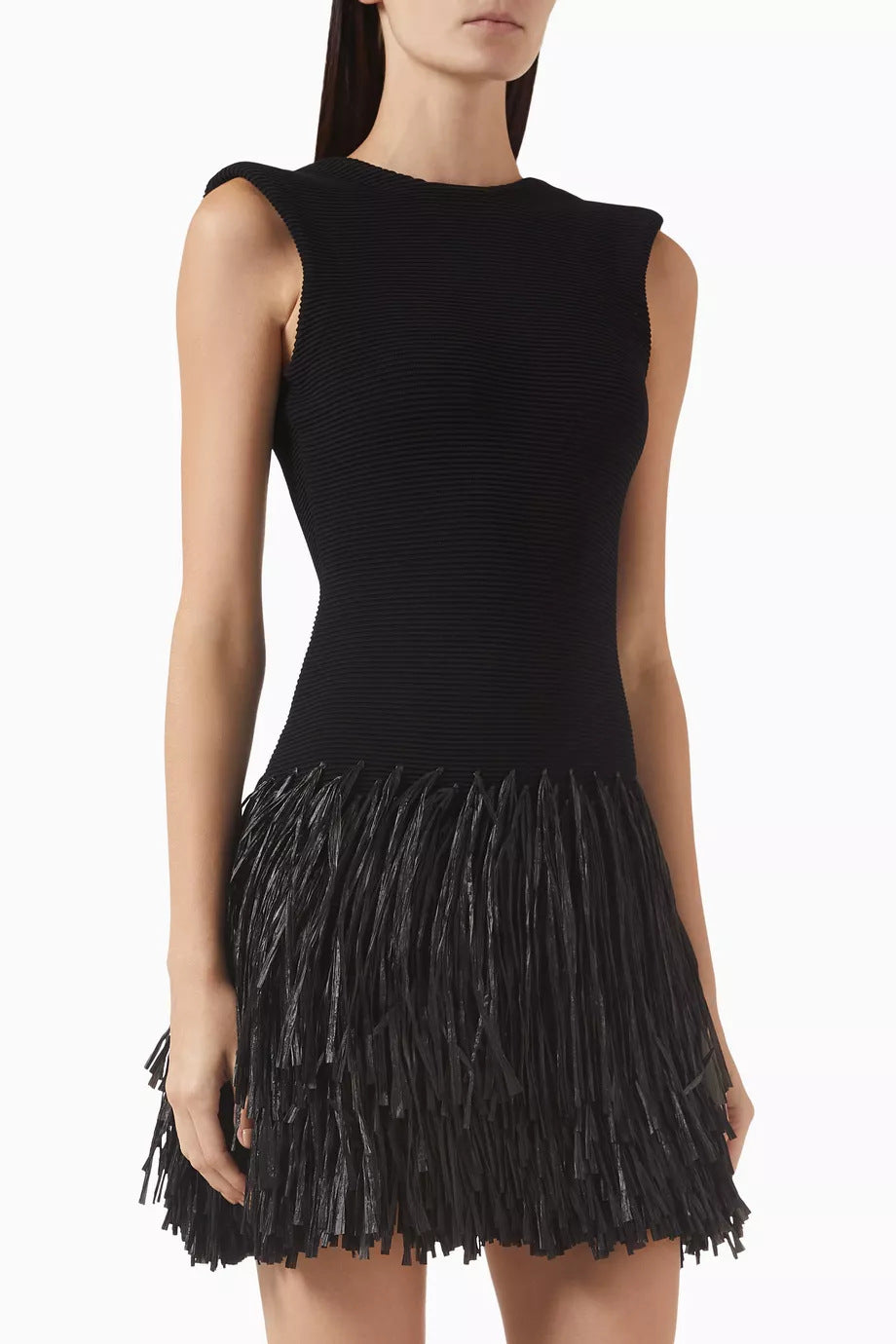 Damen Figurbetontes Mini-Kleid mit Fransen und Rundhalsausschnitt EB