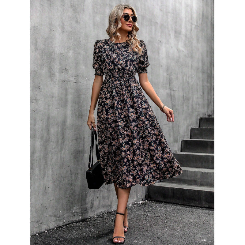 Damen Leichtes Blumendruck Maxi Kleid mit Smock-Taille EB