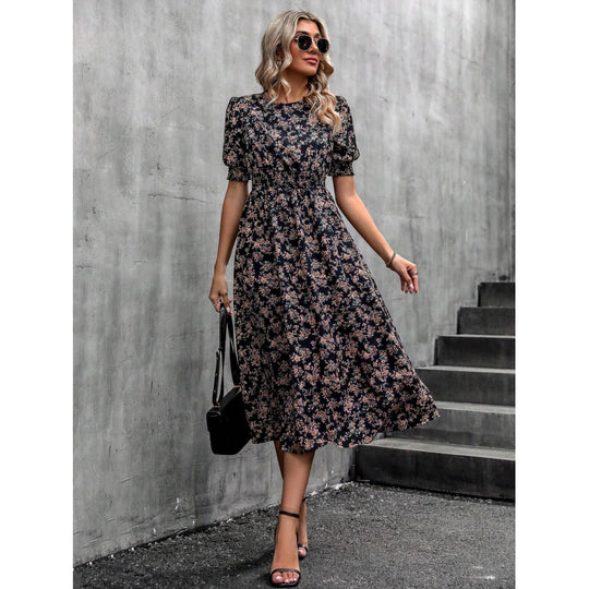 Damen Leichtes Blumendruck Maxi Kleid mit Smock-Taille EB
