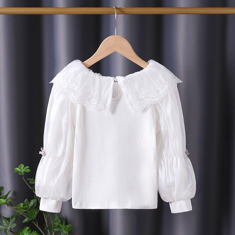 Damen elegante Bluse mit romantischem Spitzenkragen und Rüschendetails EB