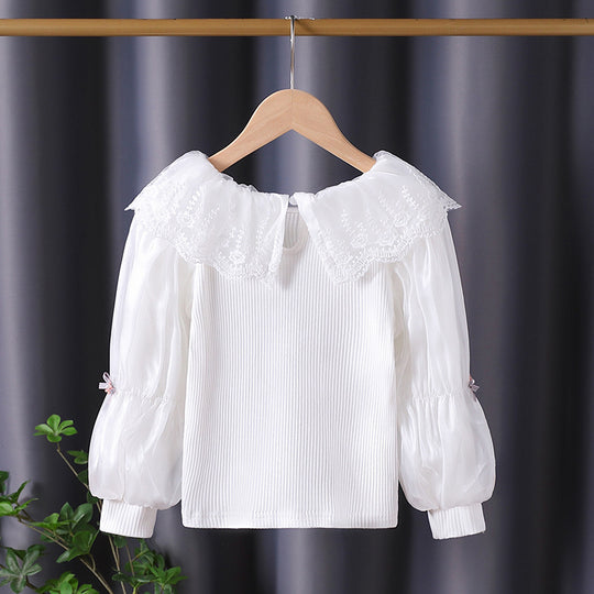Damen elegante Bluse mit romantischem Spitzenkragen und Rüschendetails EB