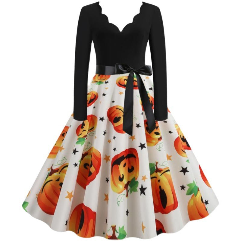 Damen Vintage Swing-Kleid mit Halloween-Kürbisprint, V-Ausschnitt mit Wellensaum und tailliertem Satinband EB