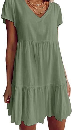 Damen luftiges V-Ausschnitt Kleid mit Rüschensaum und praktischen Taschen EB