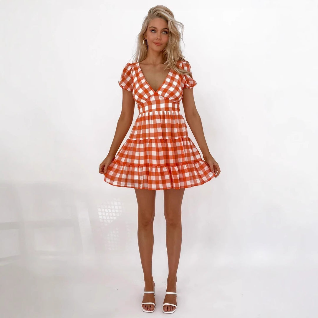 Damen lässiges Freizeitkleid mit voluminösen Puffärmeln und verspieltem Saum EB