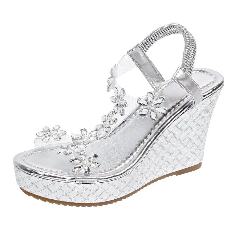 Damen Wedge-Sandaletten mit floralen Akzenten und transparentem Design EB
