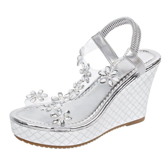 Damen Wedge-Sandaletten mit floralen Akzenten und transparentem Design EB