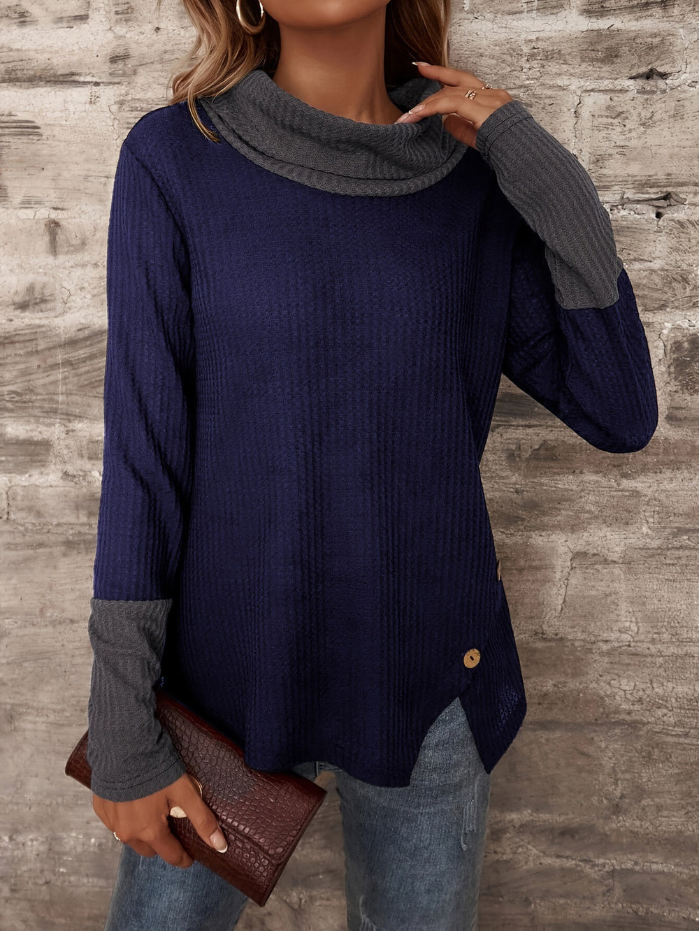 Damen Langarmshirt mit weitem Kragen und strukturiertem Obermaterial EB