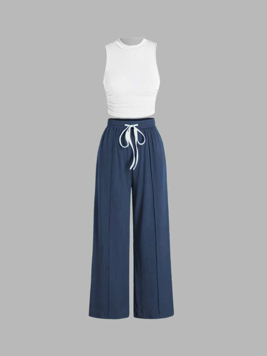 Damen lässiges Oberteil und weit geschnittene Hose Set EB